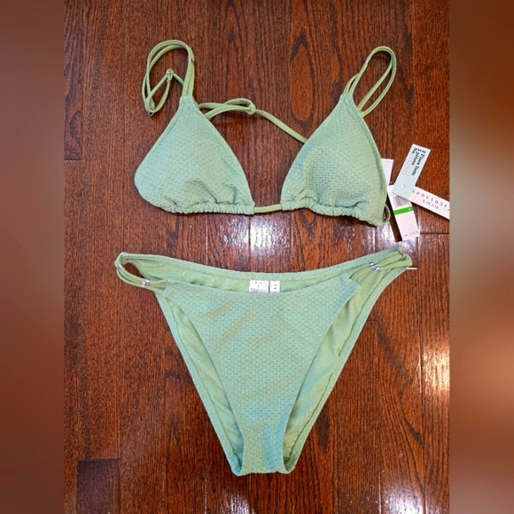 SANCTUARY SWIM Light Pastel Green Bikini Set Silver Sparkle Size L - Picture 2 of 7